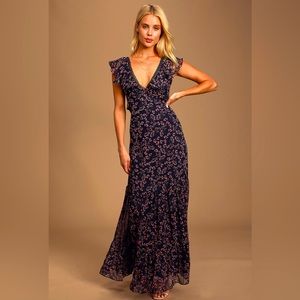 Lulu’s Darling Daydream Navy Blue Floral Print Ruffled Maxi Dress - size XS